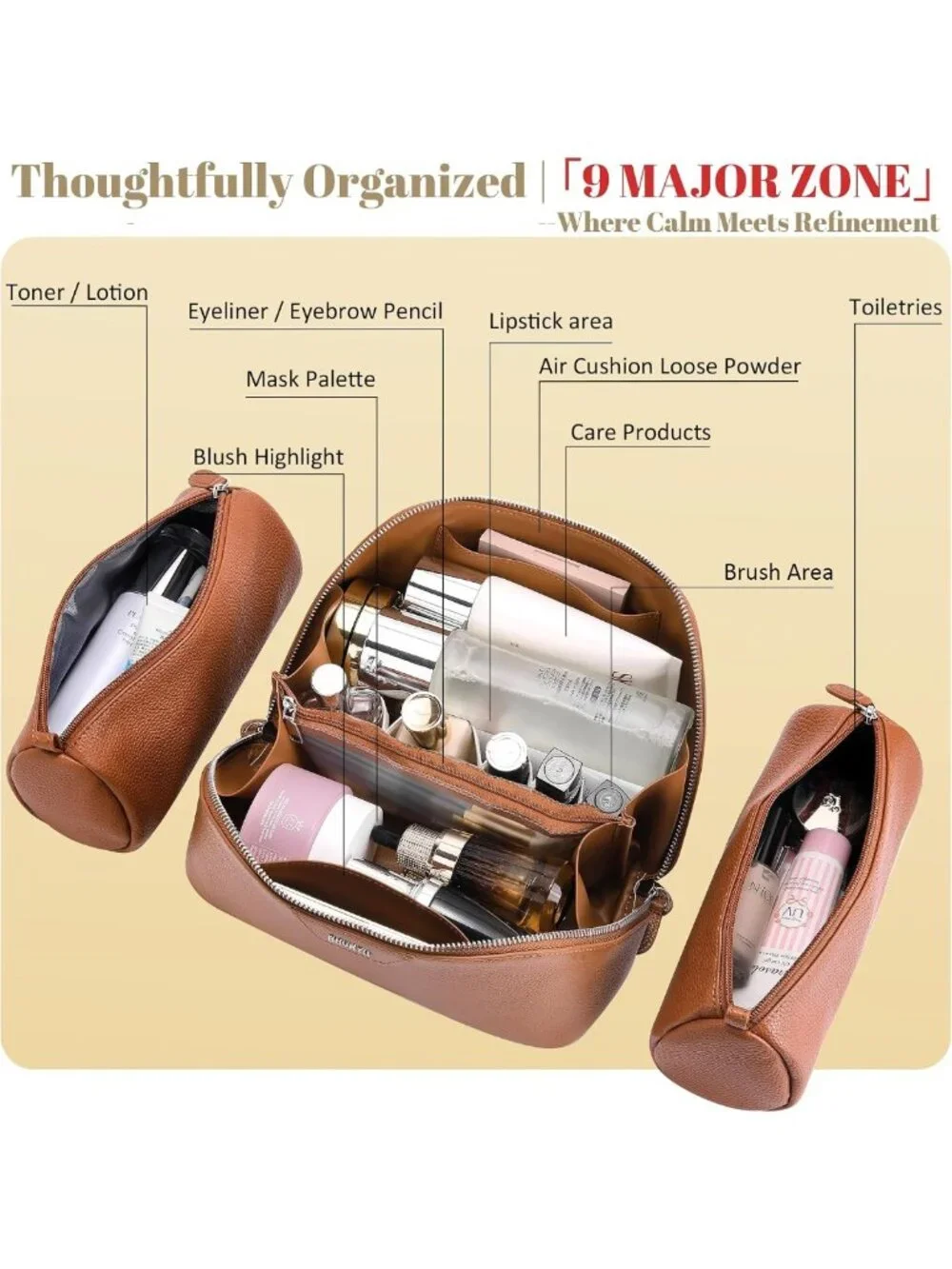 Handmade Genuine Leather Travel Makeup Bag Set - 3 Pcs Cosmetic Organizer
